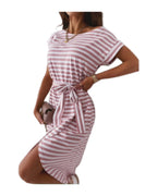 Short Sleeved Round Neck Striped Dress Lace Up Waist Skirt photo 4