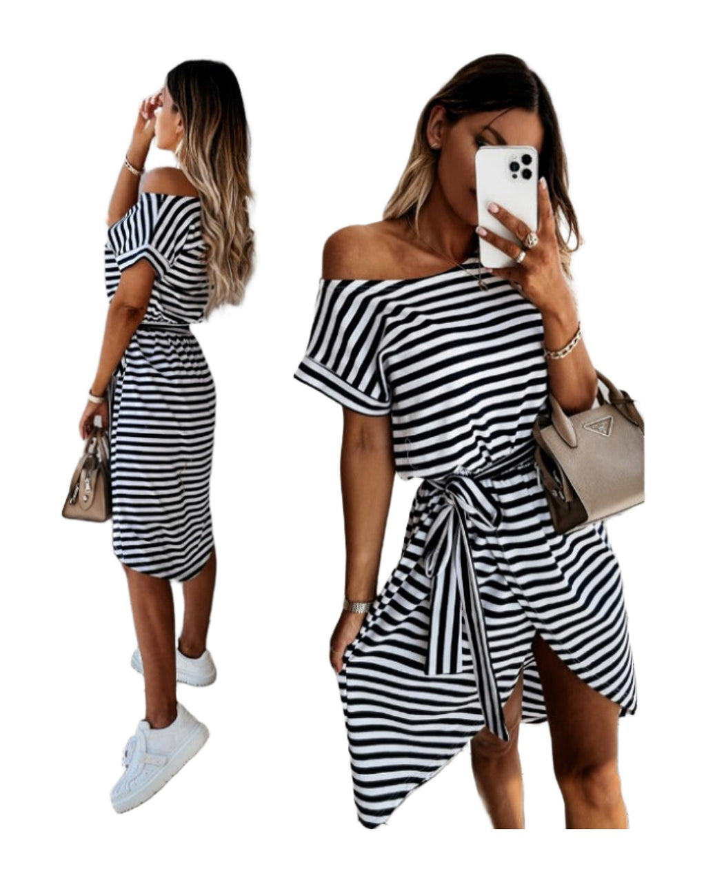Short Sleeved Round Neck Striped Dress Lace Up Waist Skirt photo 5