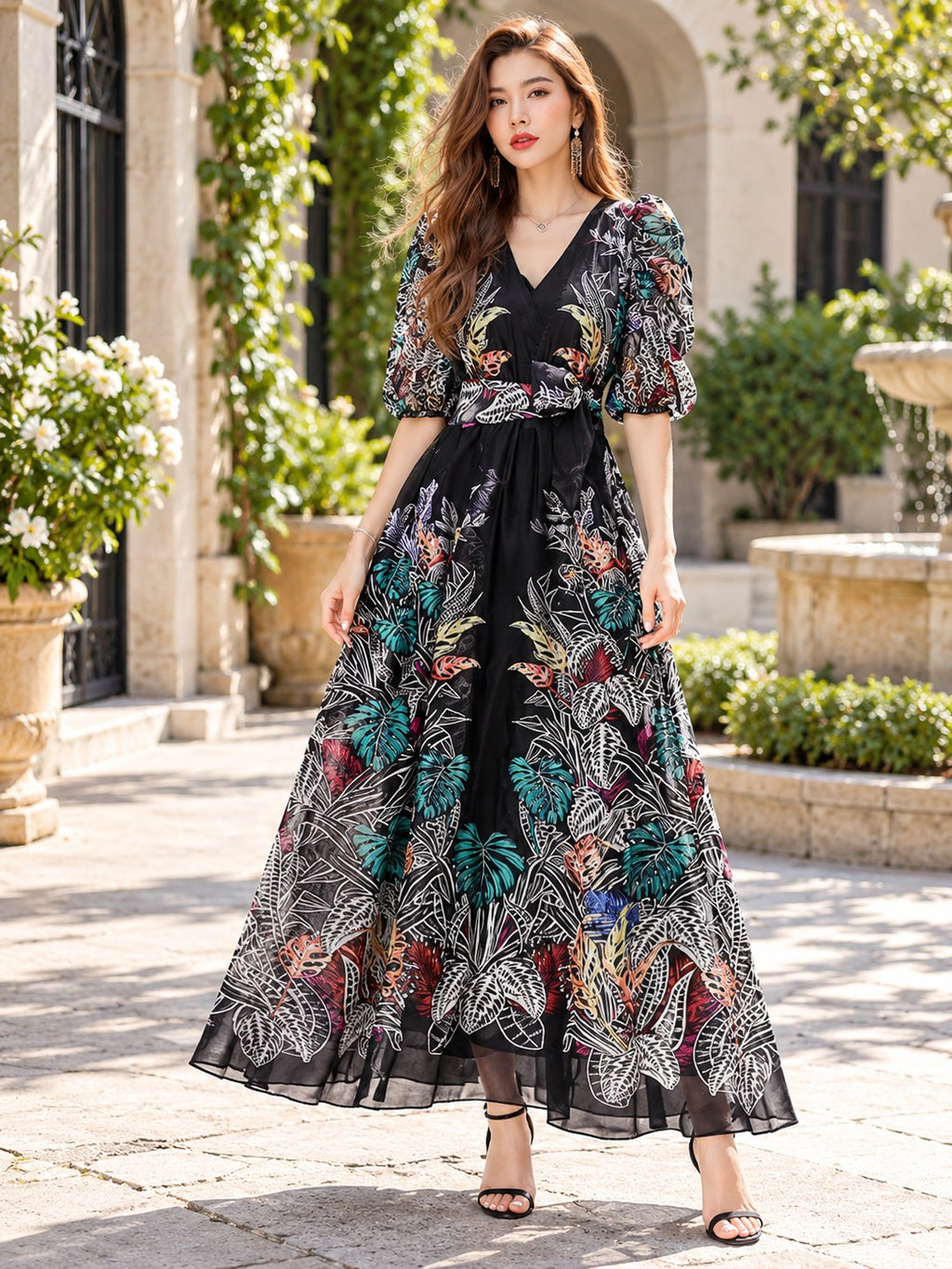 V-neck Floral Swing Dress styled on a model