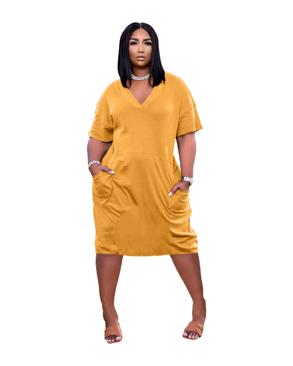 Loose V-neck Casual Dress Pockets photo 1