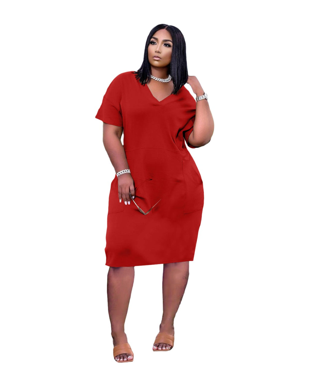 Loose V-neck Casual Dress Pockets photo 11