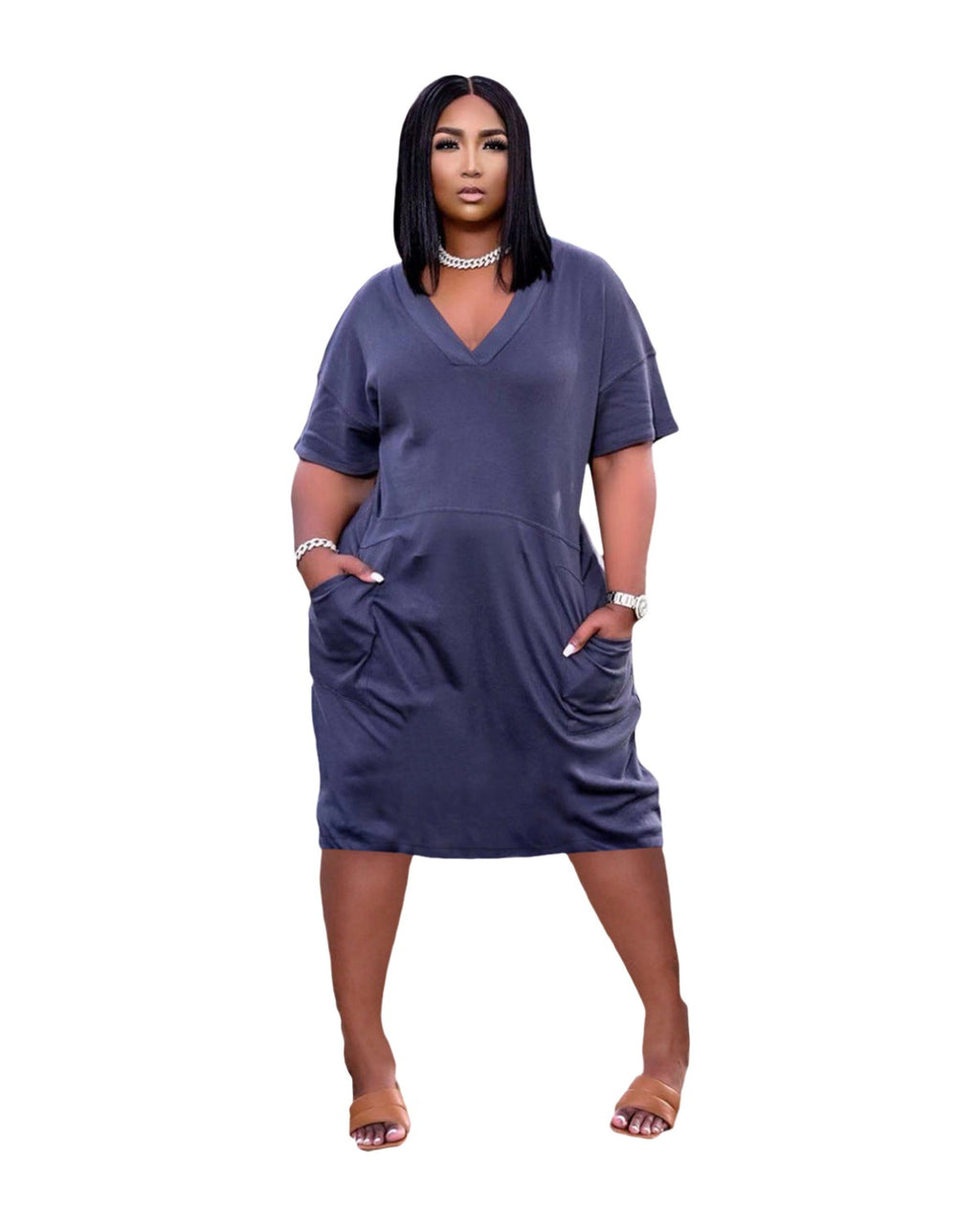 Loose V-neck Casual Dress Pockets photo 2