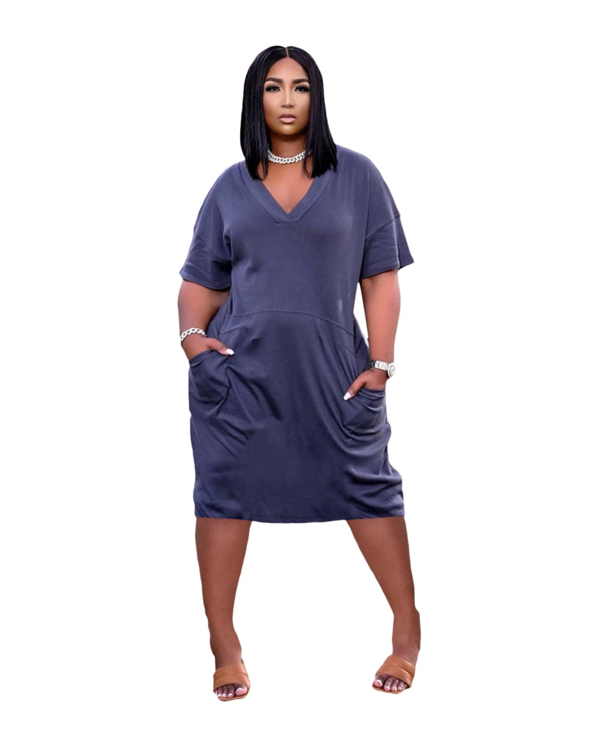 Loose V-neck Casual Dress Pockets photo 2