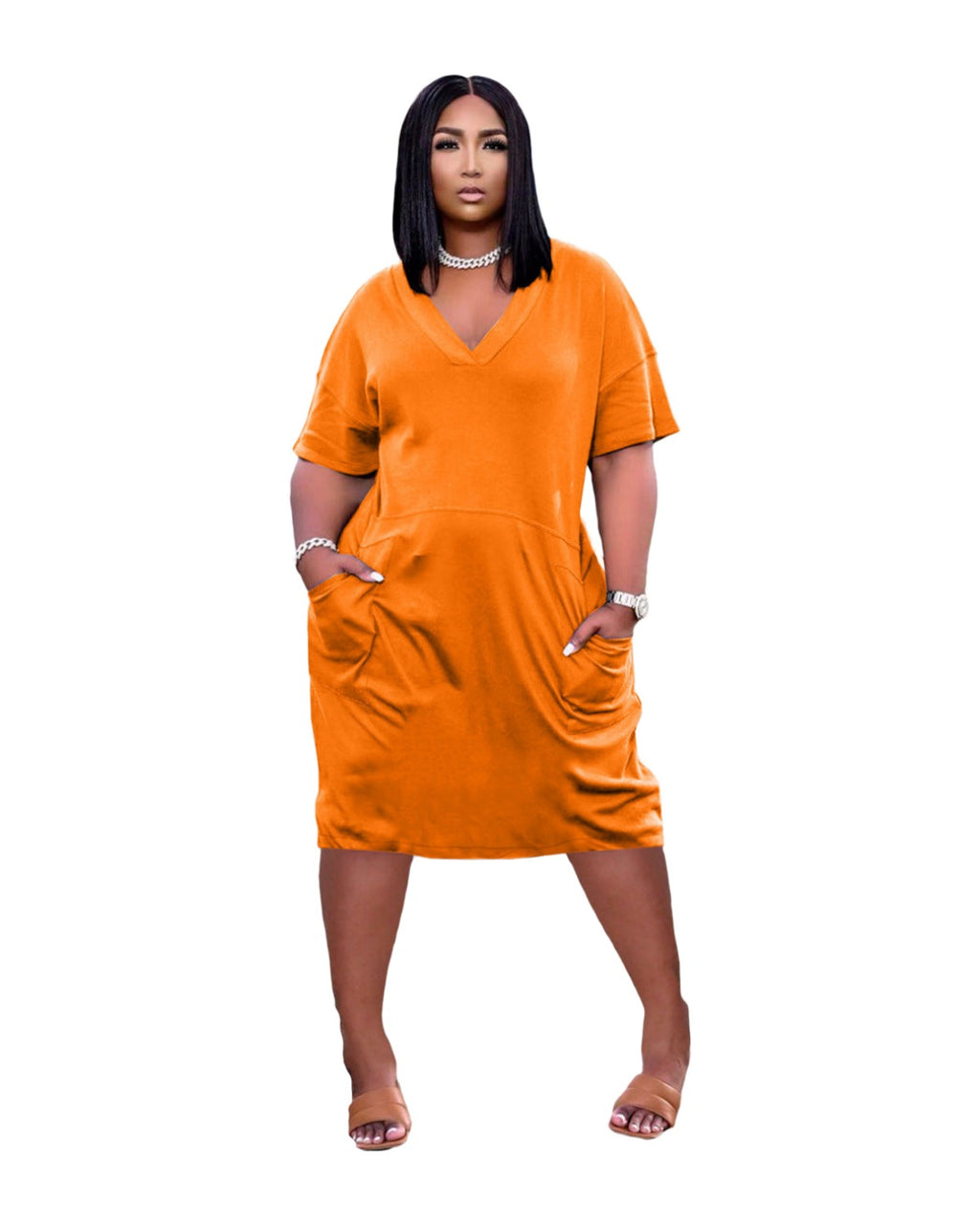 Loose V-neck Casual Dress Pockets photo 3