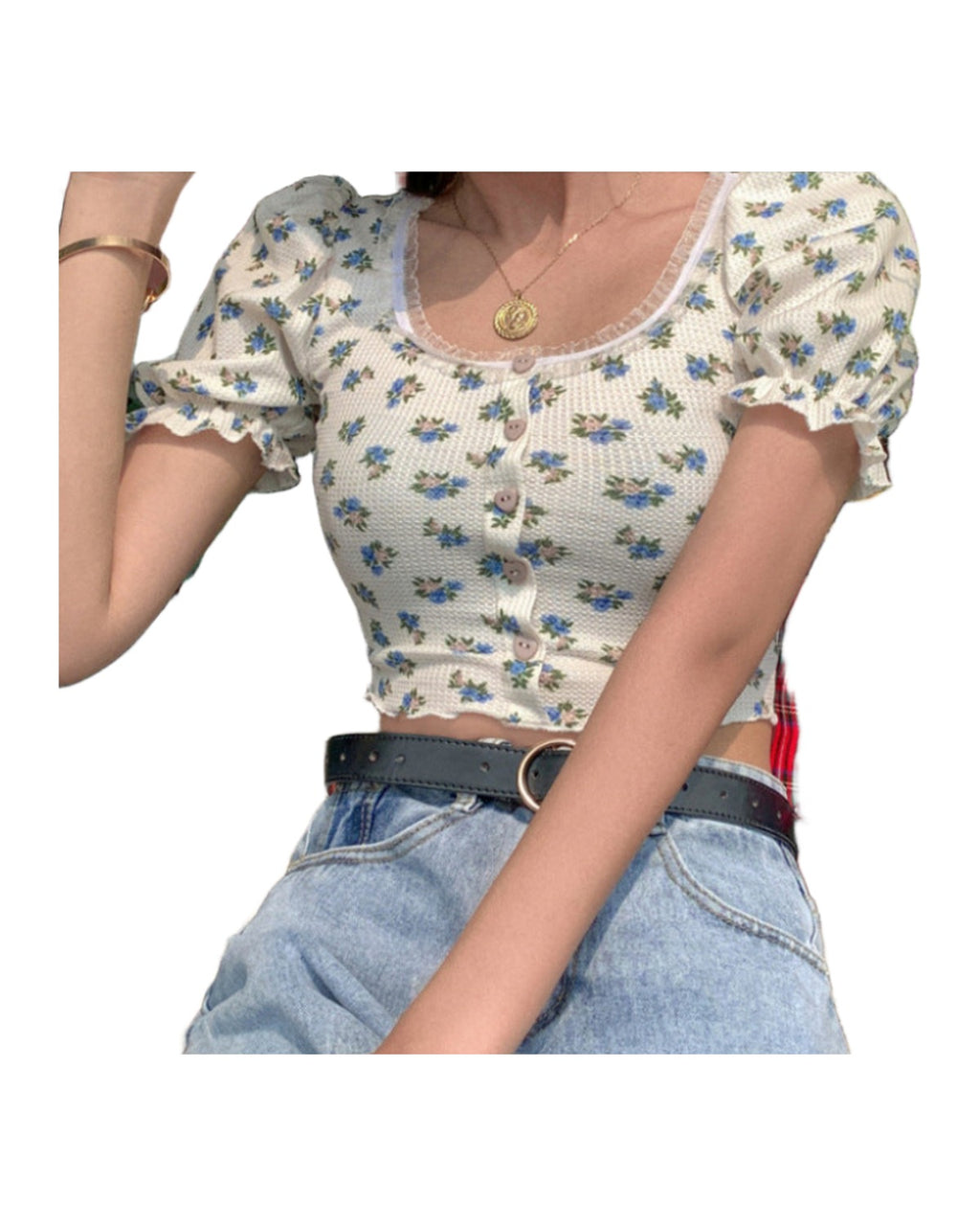 Floral Fungus Lace Side Neck Puff Sleeve Crop T-shirt photo 1
