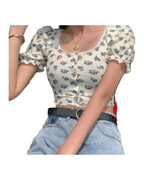 Floral Fungus Lace Side Neck Puff Sleeve Crop T-shirt photo 1