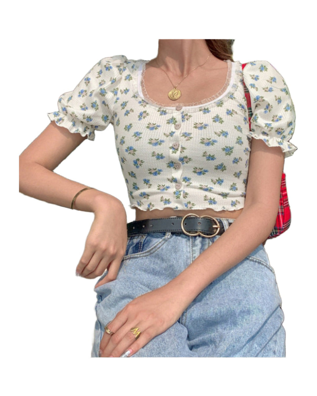 Floral Fungus Lace Side Neck Puff Sleeve Crop T-shirt photo 2