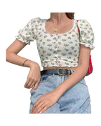 Floral Fungus Lace Side Neck Puff Sleeve Crop T-shirt photo 2