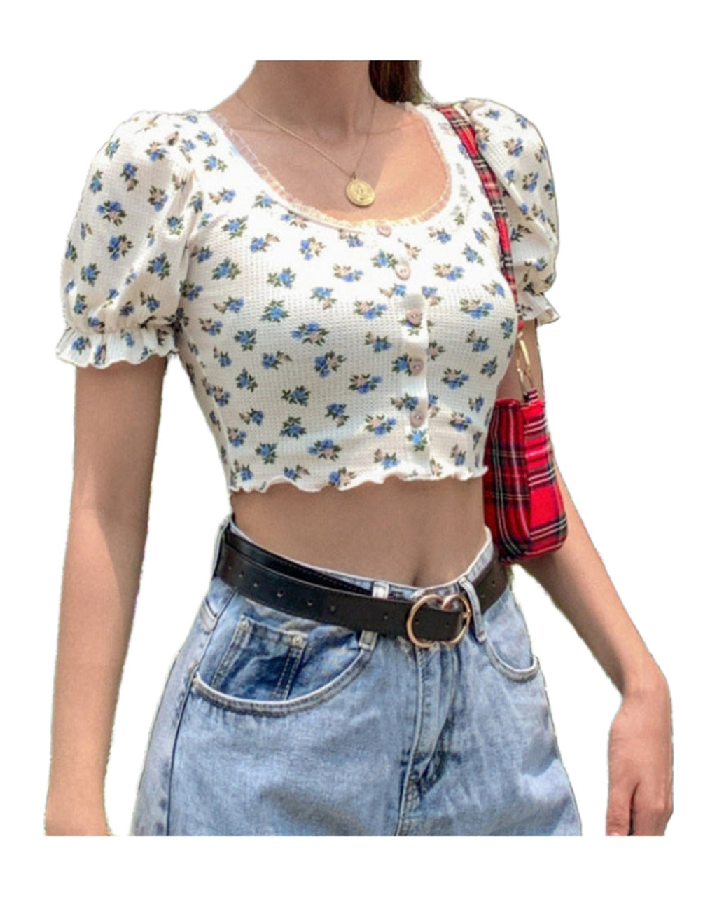 Floral Fungus Lace Side Neck Puff Sleeve Crop T-shirt photo 3