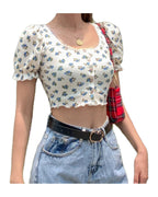 Floral Fungus Lace Side Neck Puff Sleeve Crop T-shirt photo 3