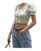 Floral Fungus Lace Side Neck Puff Sleeve Crop T-shirt photo 4