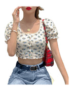 Floral Fungus Lace Side Neck Puff Sleeve Crop T-shirt photo 5