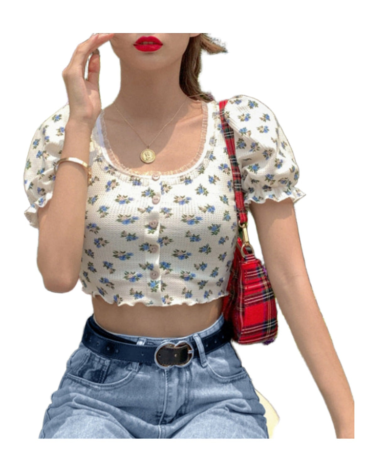 Floral Fungus Lace Side Neck Puff Sleeve Crop T-shirt photo 5