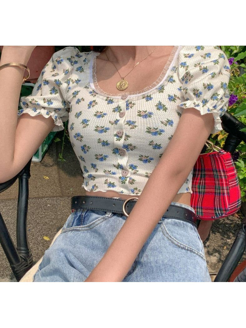 Floral Fungus Lace Side Neck Puff Sleeve Crop T-shirt
