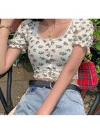 Floral Fungus Lace Side Neck Puff Sleeve Crop T-shirt