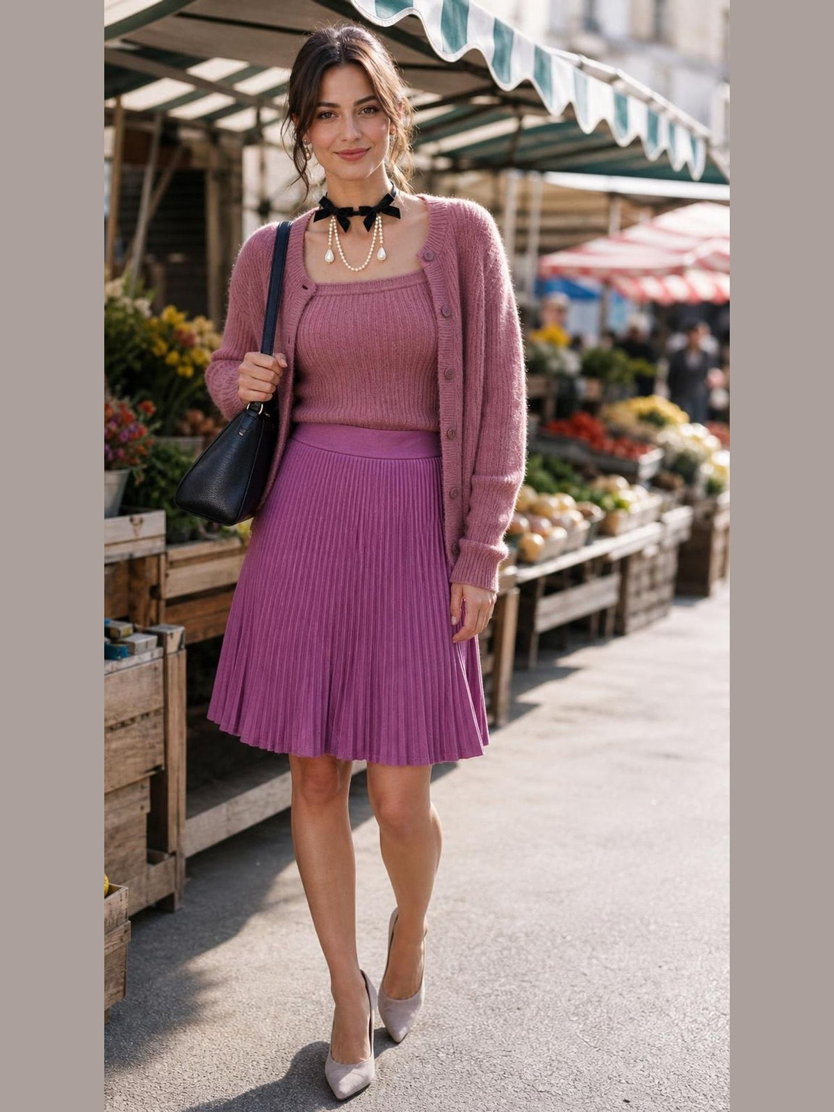 Purple Pleated A-line Skirt worn by a model