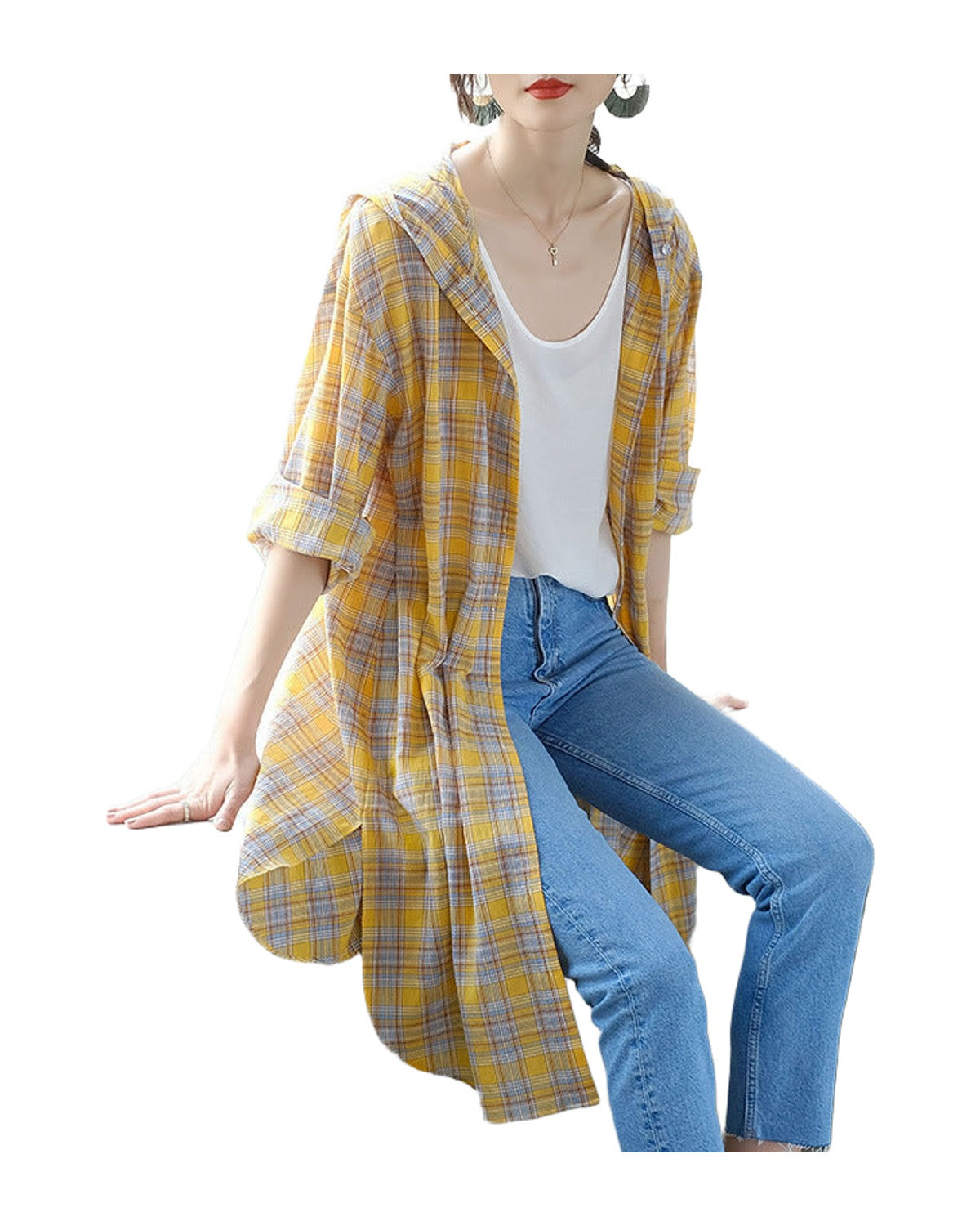 Mid-length Cotton Cardigan Plaid Loose Sunscreen Shirt photo 1