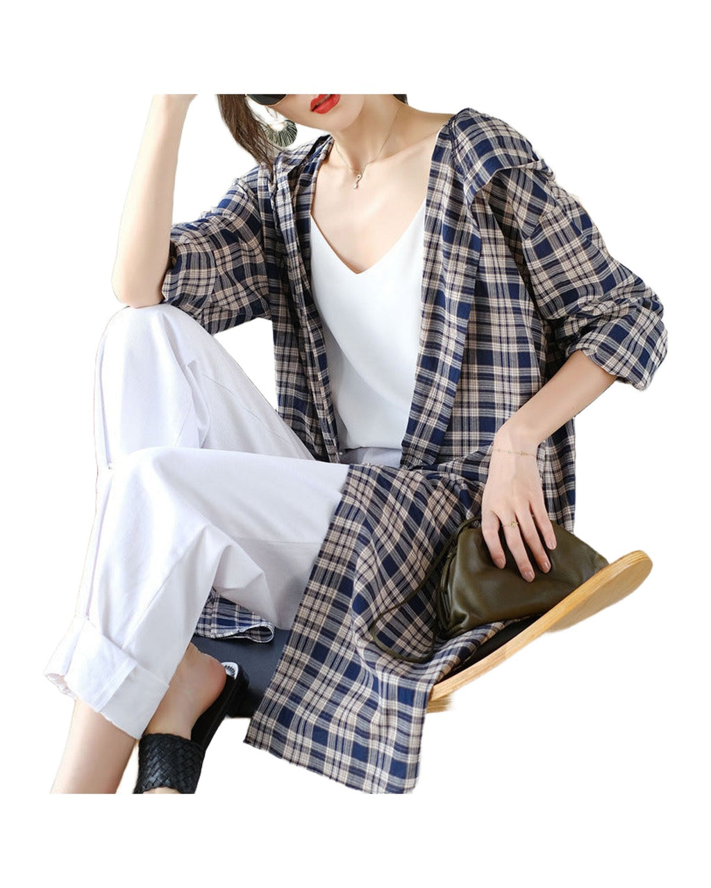 Mid-length Cotton Cardigan Plaid Loose Sunscreen Shirt photo 3