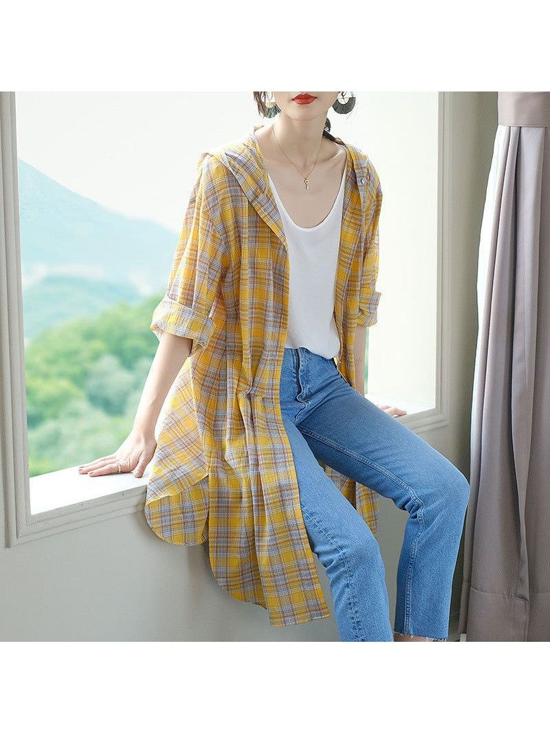 Mid-length Cotton Cardigan Plaid Loose Sunscreen Shirt