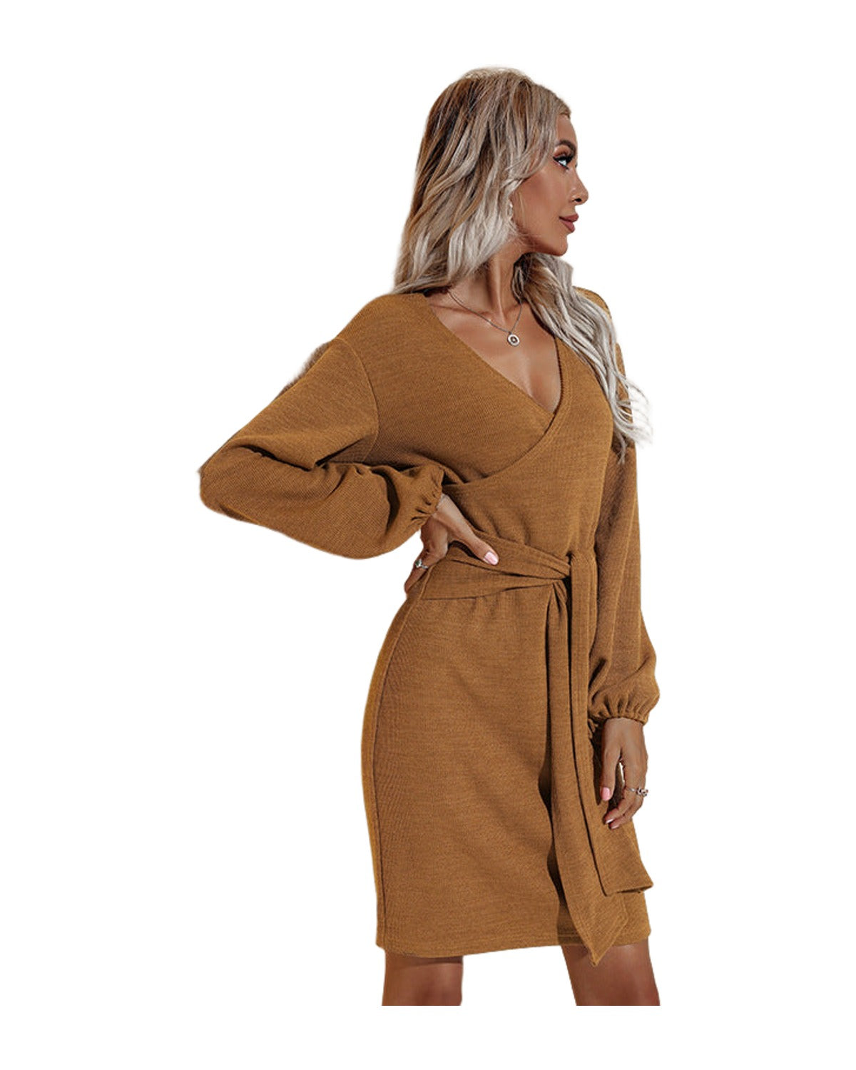 Long Sleeved Short Skirt V Neck Lace Solid Color Dress photo 4