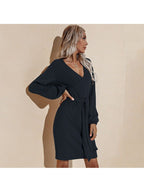 Long Sleeved Short Skirt V Neck Lace Solid Color Dress