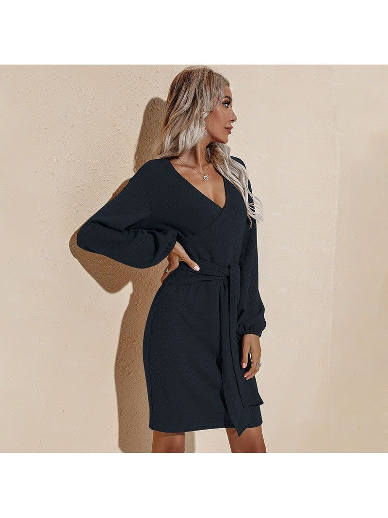 Long Sleeved Short Skirt V Neck Lace Solid Color Dress