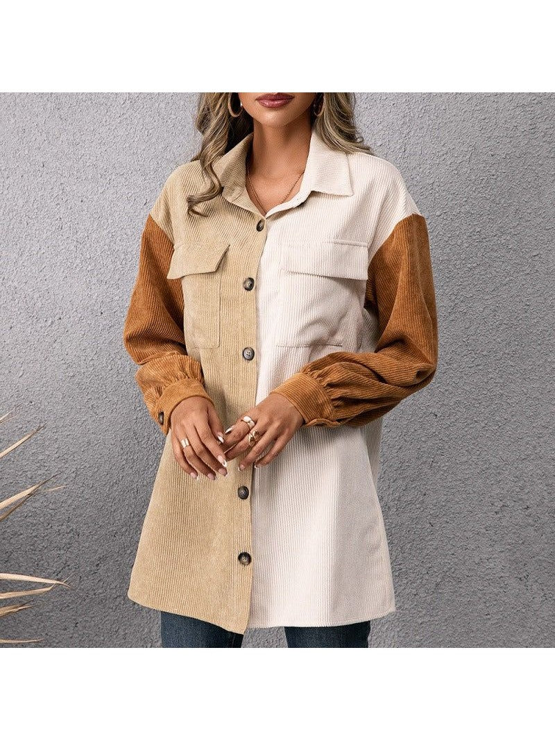 Single-breasted Long-sleeved Color-blocking Shirt Top