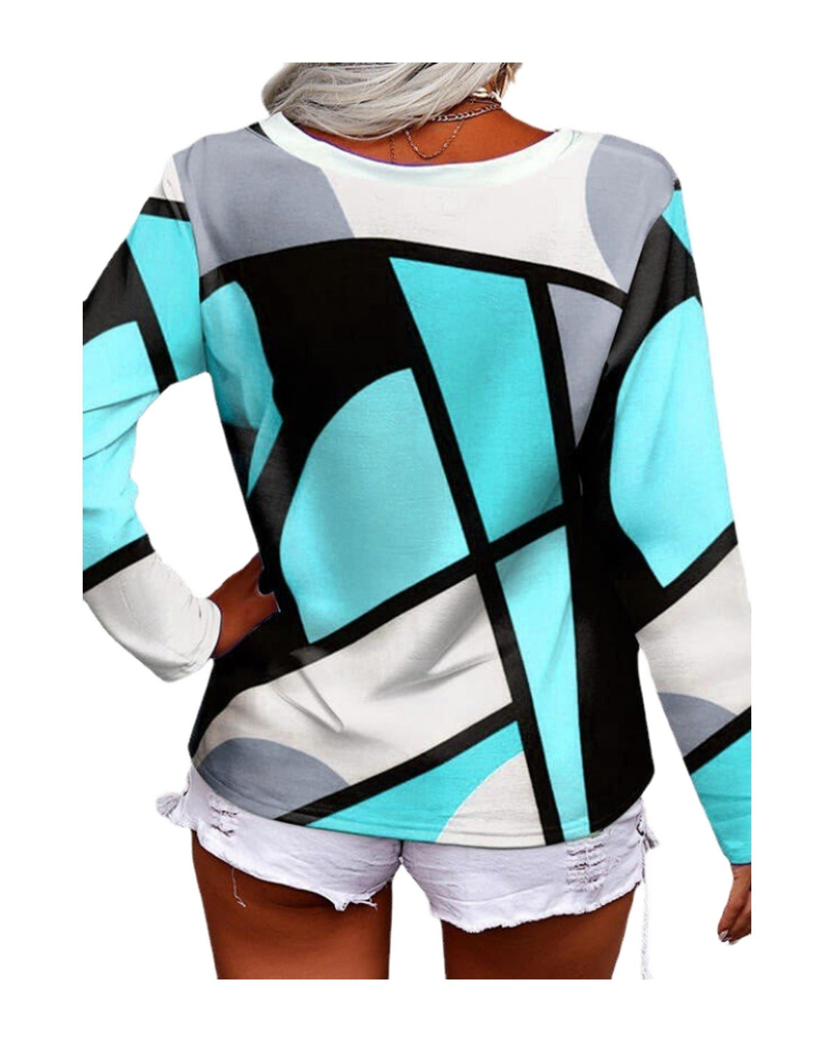 Long Sleeve Casual Loose V-neck Cross Geometric Print photo 1