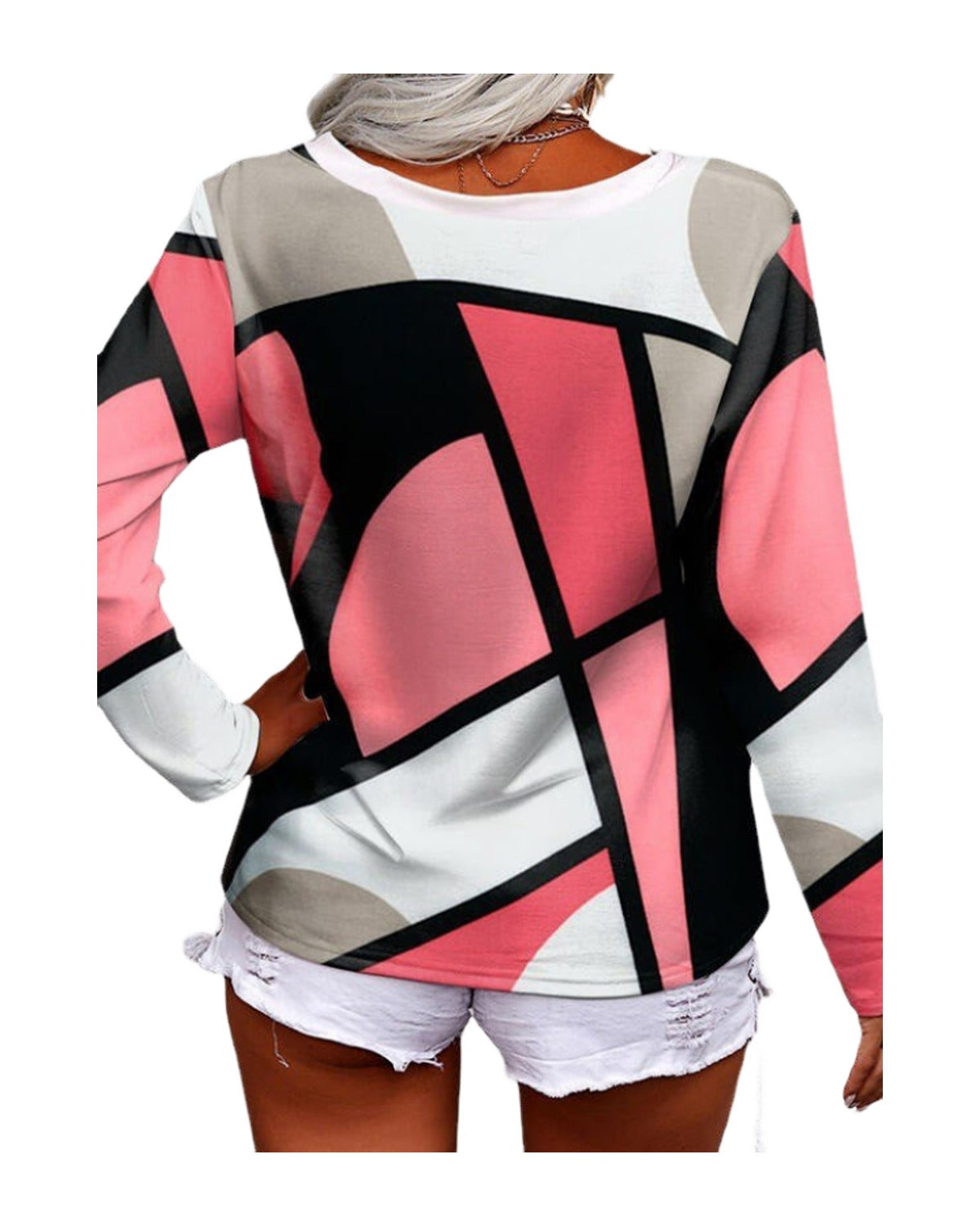 Long Sleeve Casual Loose V-neck Cross Geometric Print photo 3
