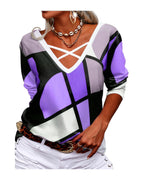 Long Sleeve Casual Loose V-neck Cross Geometric Print photo 4