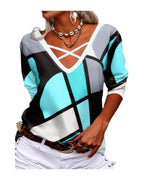 Long Sleeve Casual Loose V-neck Cross Geometric Print photo 5