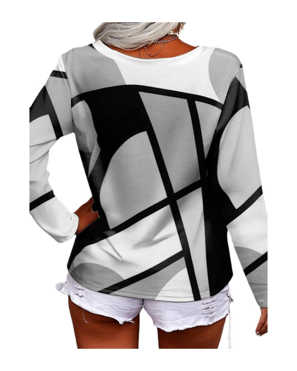 Long Sleeve Casual Loose V-neck Cross Geometric Print photo 6