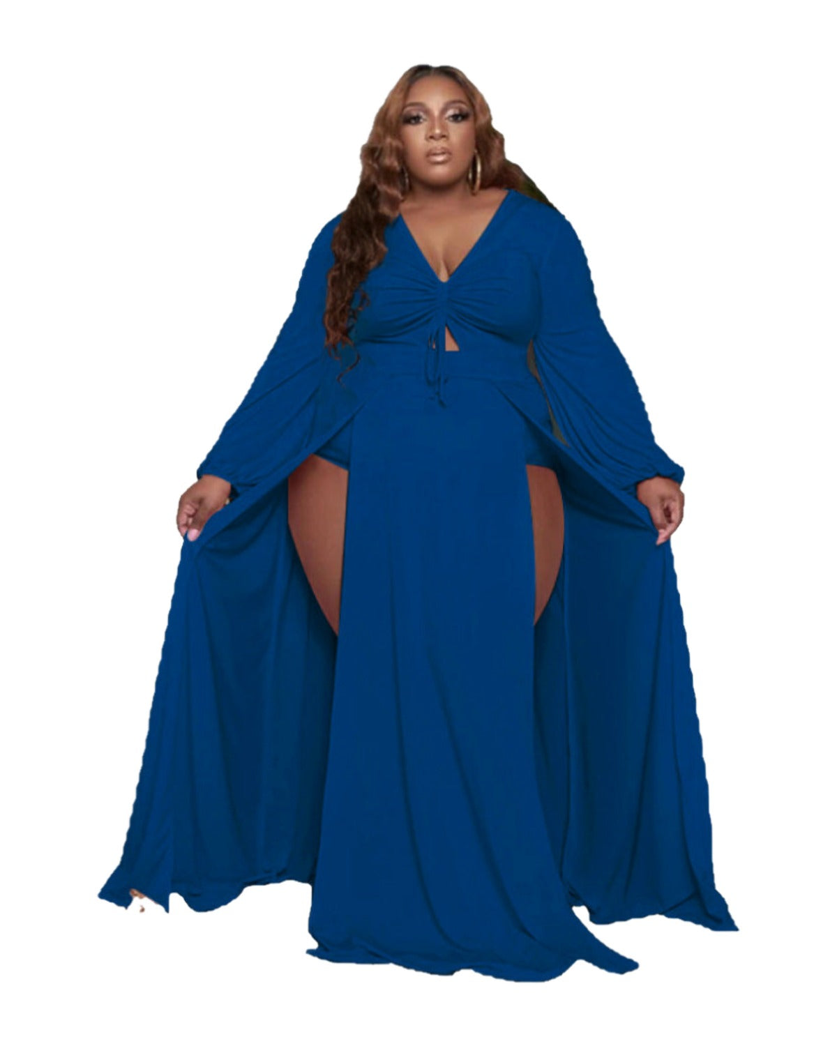 Solid Color Drawstring V-neck Slit Dress photo 2