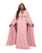Solid Color Drawstring V-neck Slit Dress photo 4