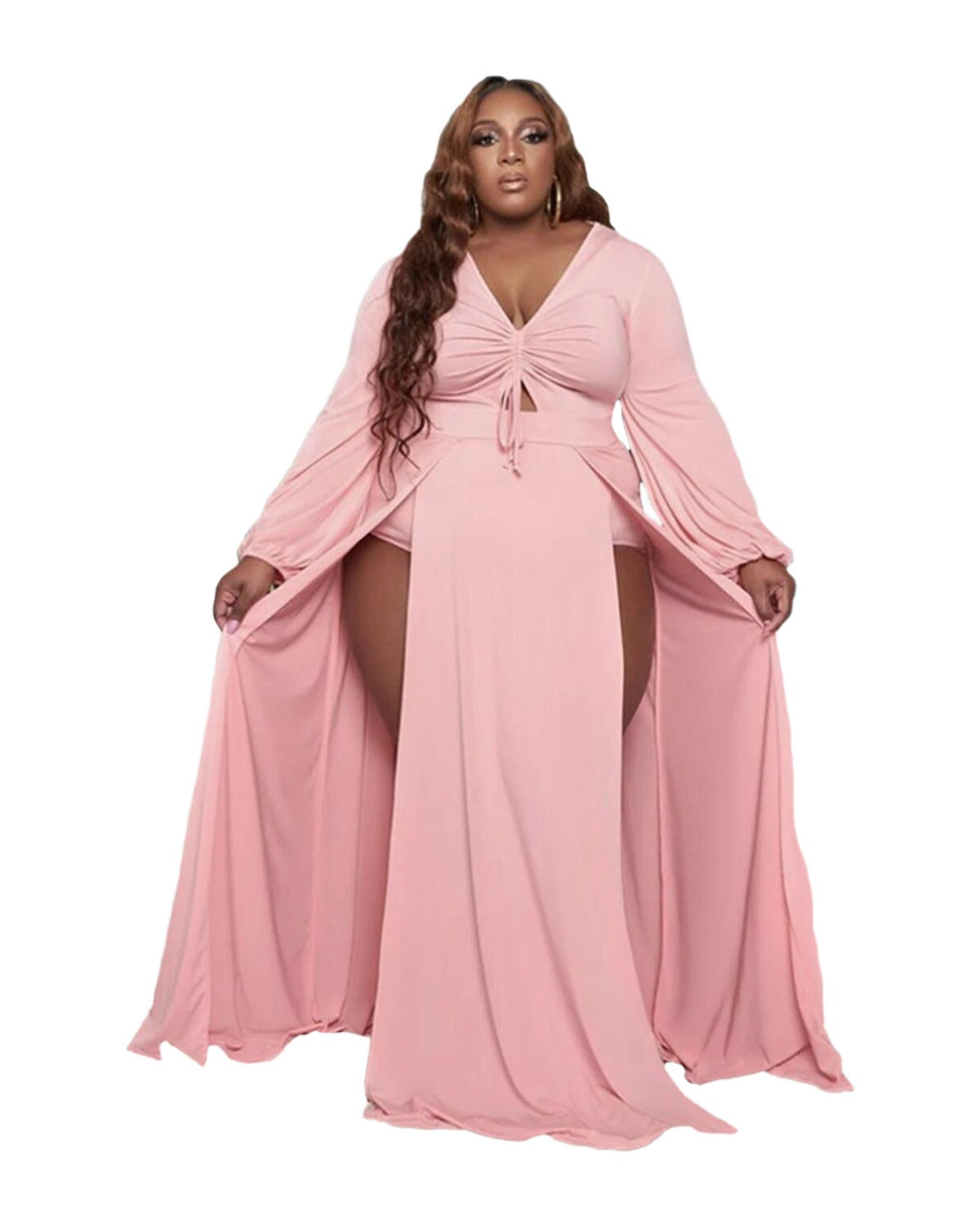 Solid Color Drawstring V-neck Slit Dress photo 4