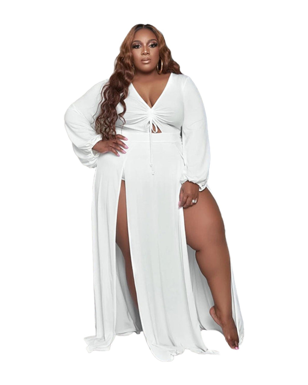 Solid Color Drawstring V-neck Slit Dress photo 5