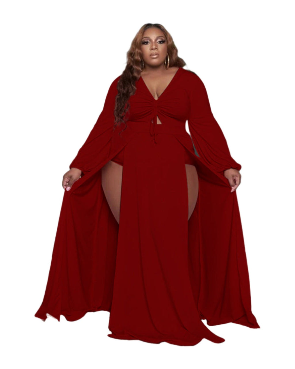 Solid Color Drawstring V-neck Slit Dress photo 6