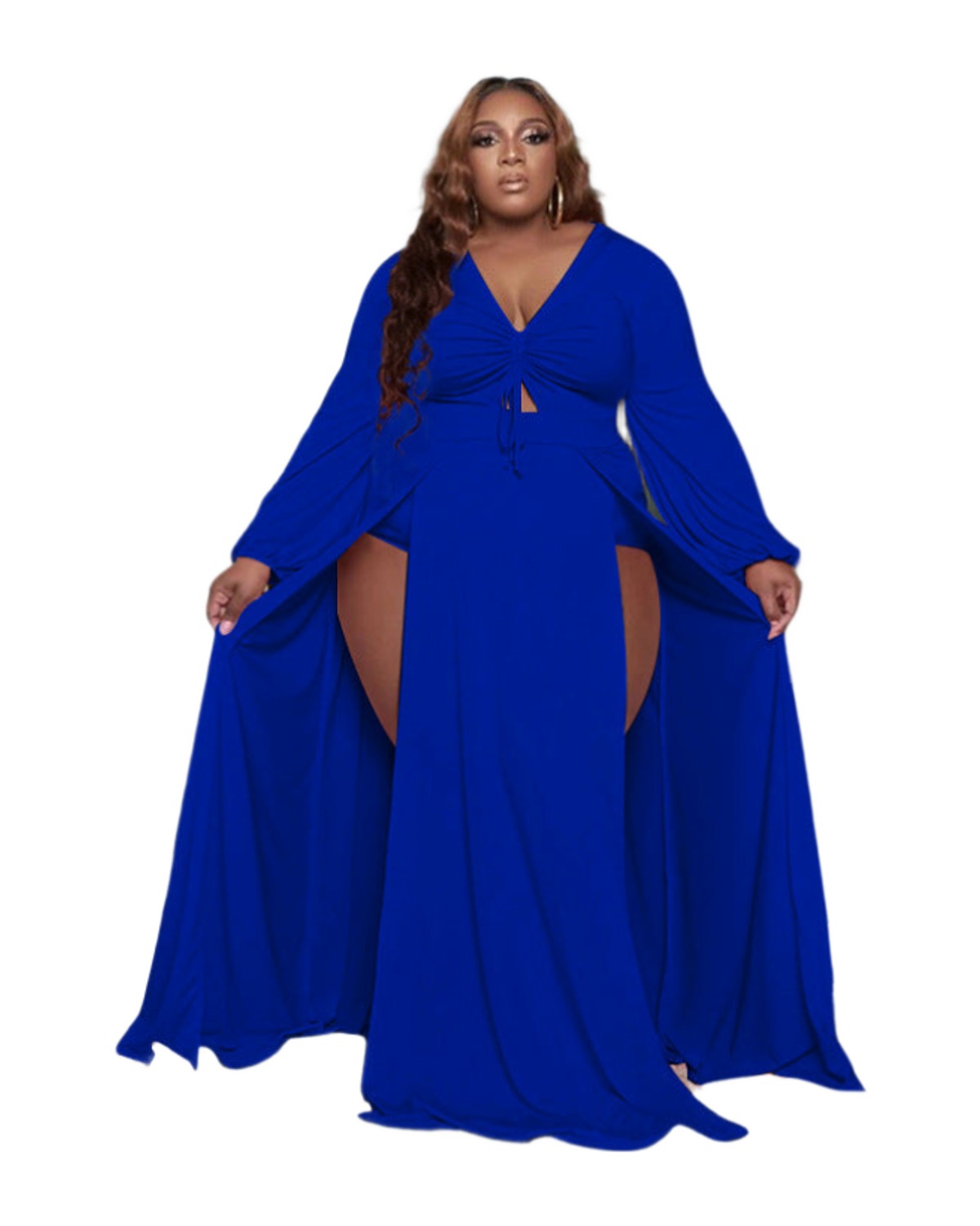 Solid Color Drawstring V-neck Slit Dress photo 7