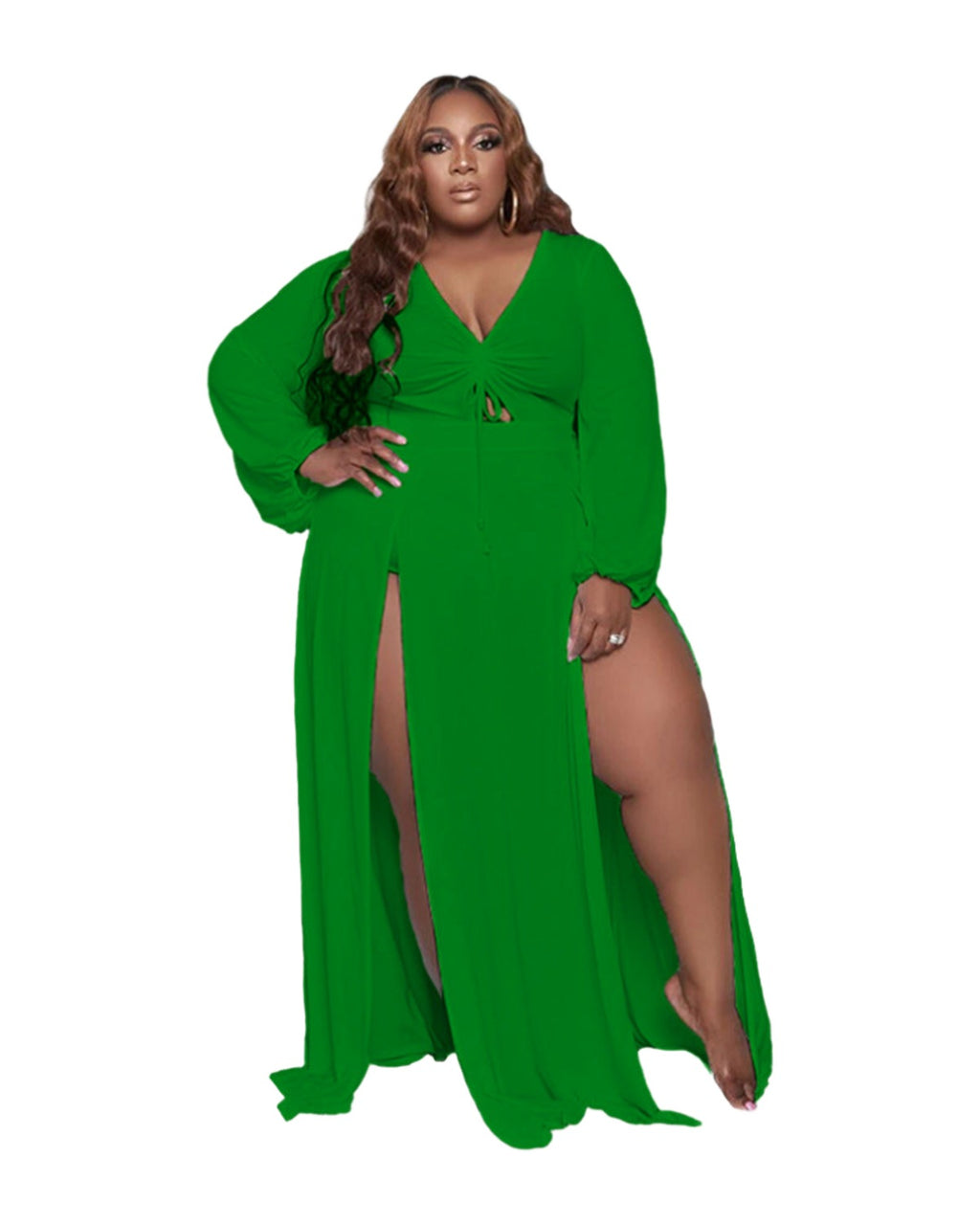 Solid Color Drawstring V-neck Slit Dress photo 8