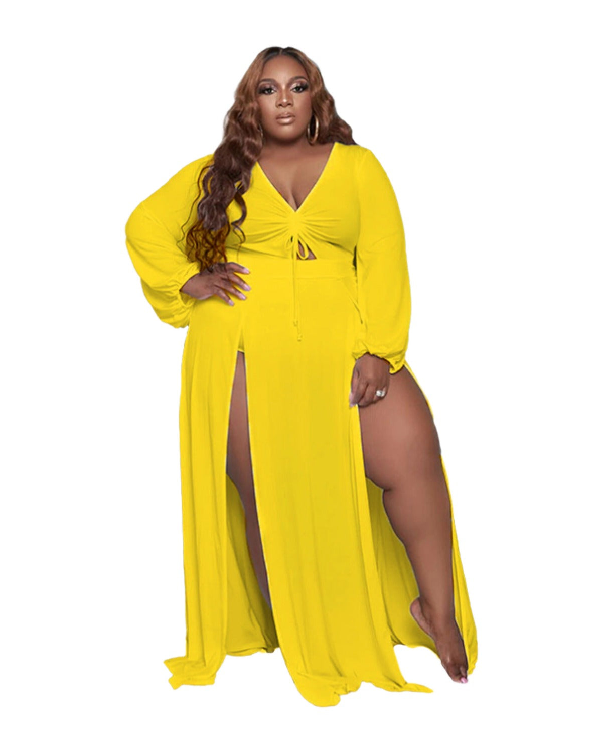 Solid Color Drawstring V-neck Slit Dress photo 9