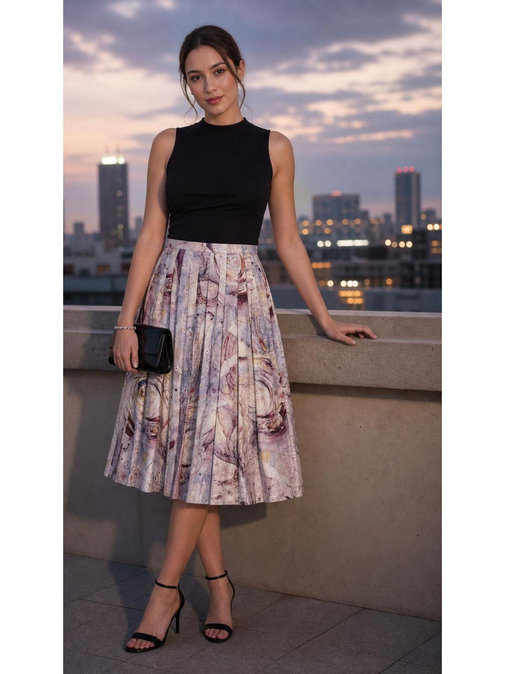 Cotton Poplin Print A-line Skirt worn by a model