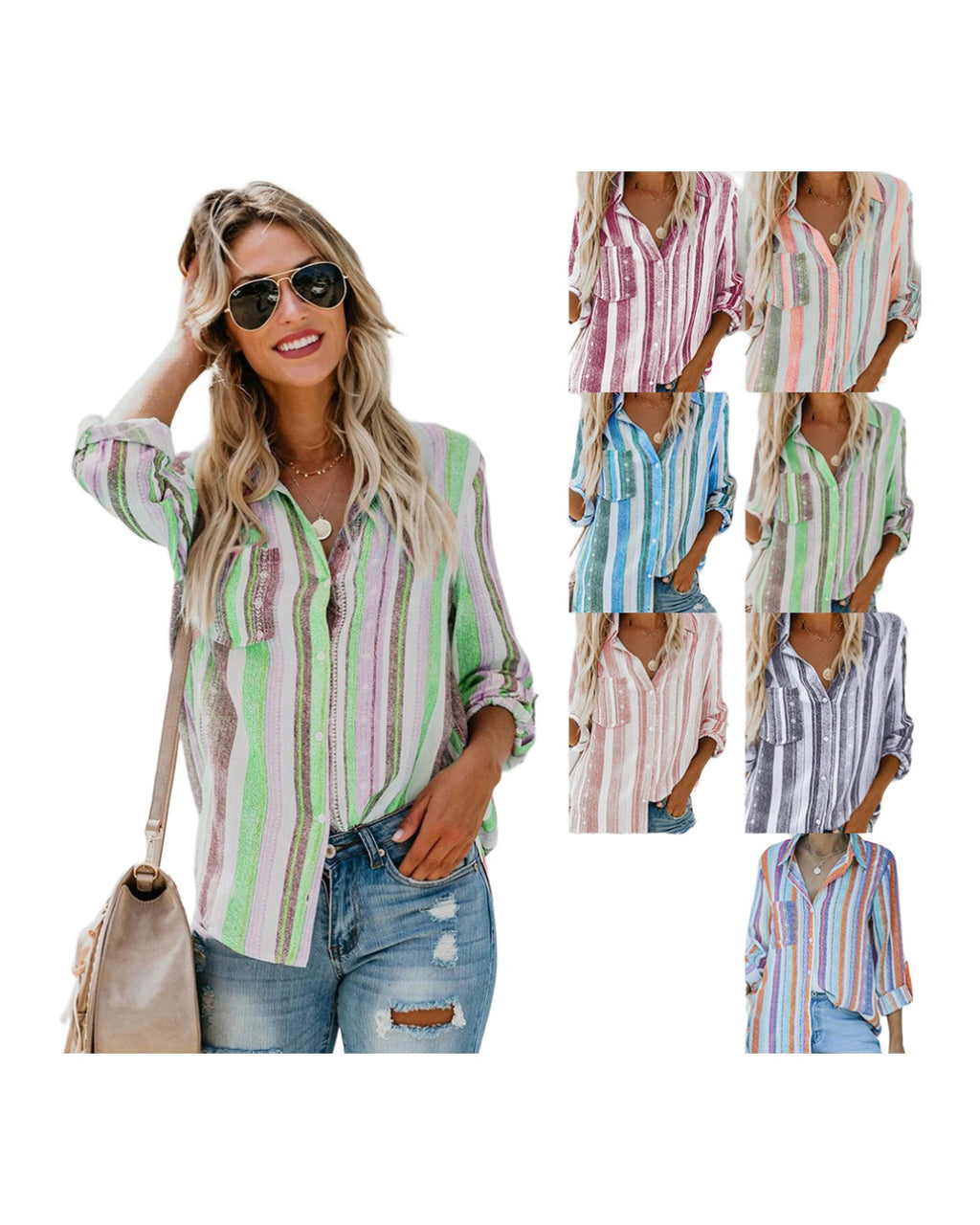 Striped Lapel Long Sleeve Cardigan Single Breasted Shirt photo 2