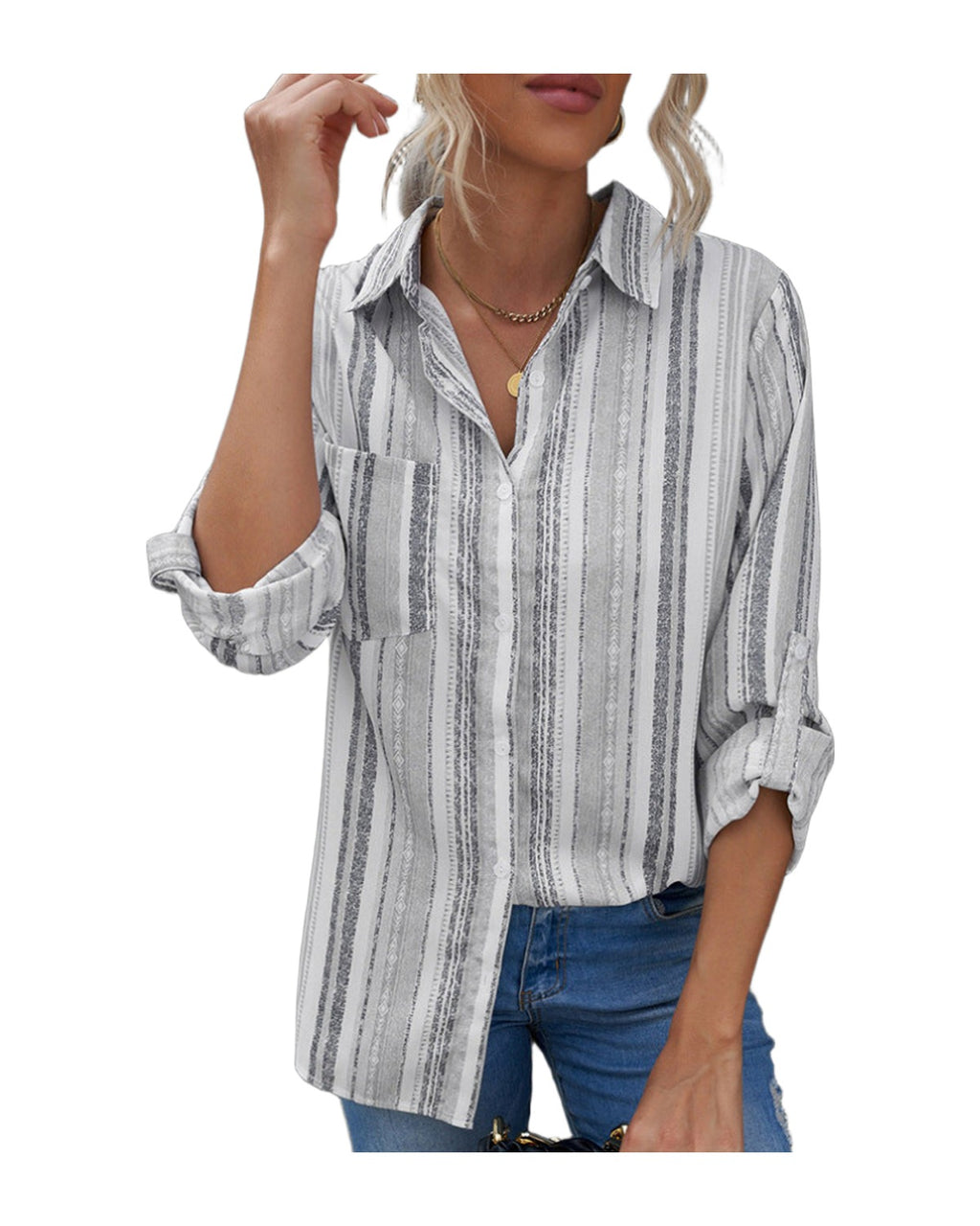 Striped Lapel Long Sleeve Cardigan Single Breasted Shirt photo 6