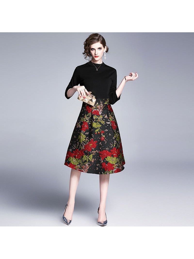 Jacquard Stitching Large Swing Dress