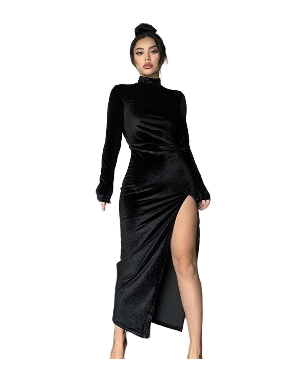 High Neck Long Velvet Dress Slim Slit photo 1