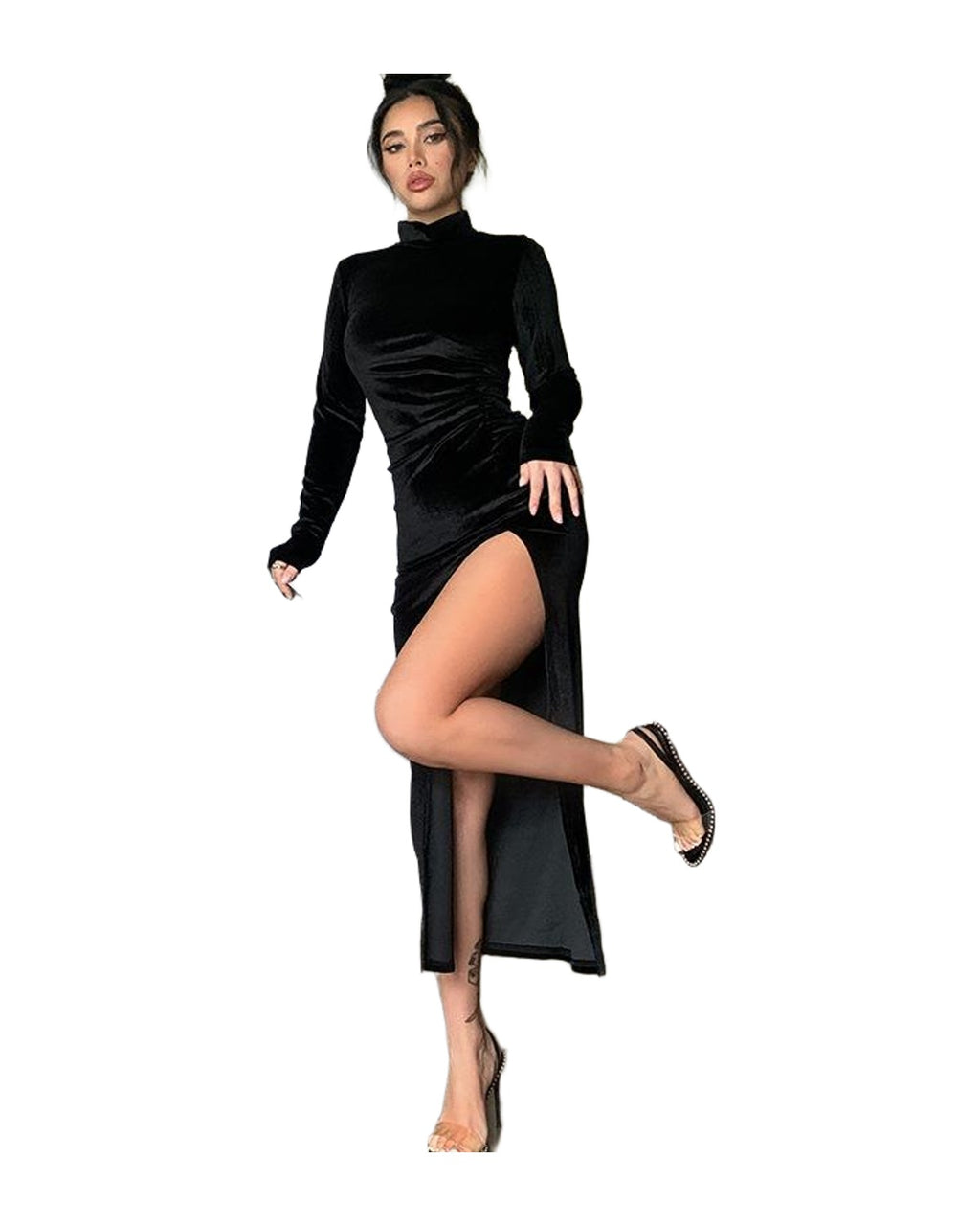 High Neck Long Velvet Dress Slim Slit photo 4
