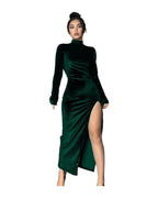 High Neck Long Velvet Dress Slim Slit photo 5