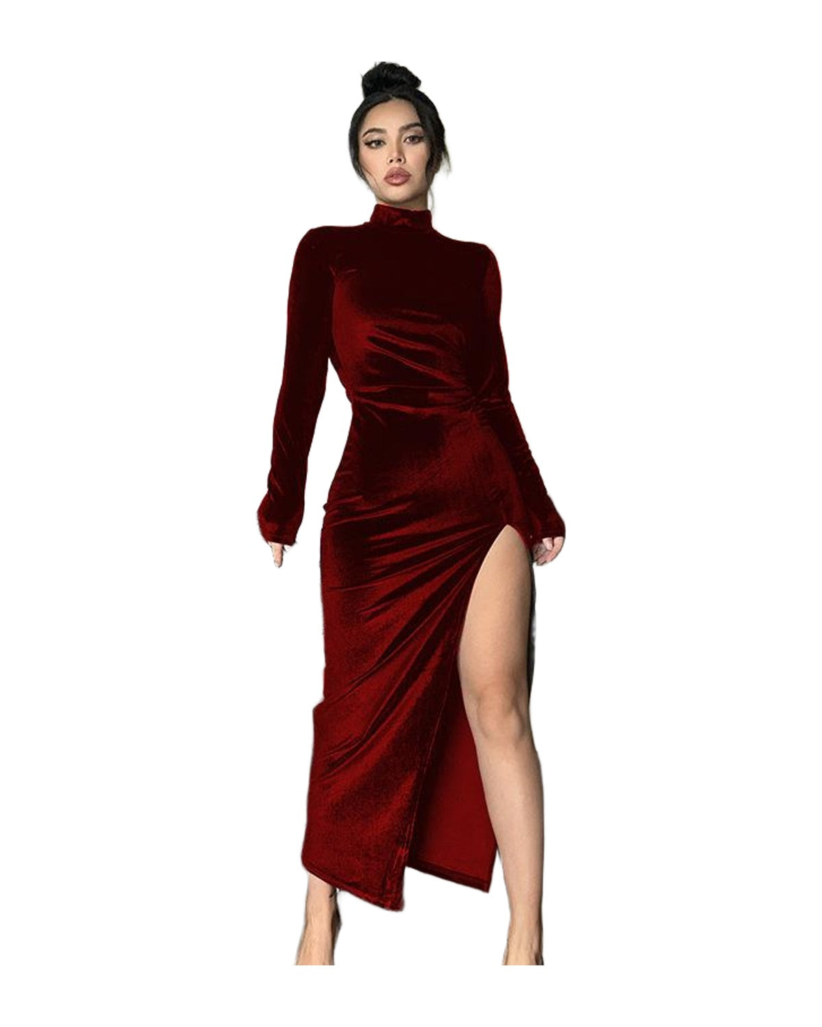 High Neck Long Velvet Dress Slim Slit photo 8