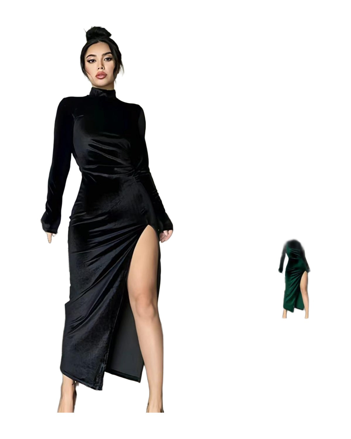 High Neck Long Velvet Dress Slim Slit photo 9