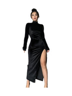 High Neck Long Velvet Dress Slim Slit